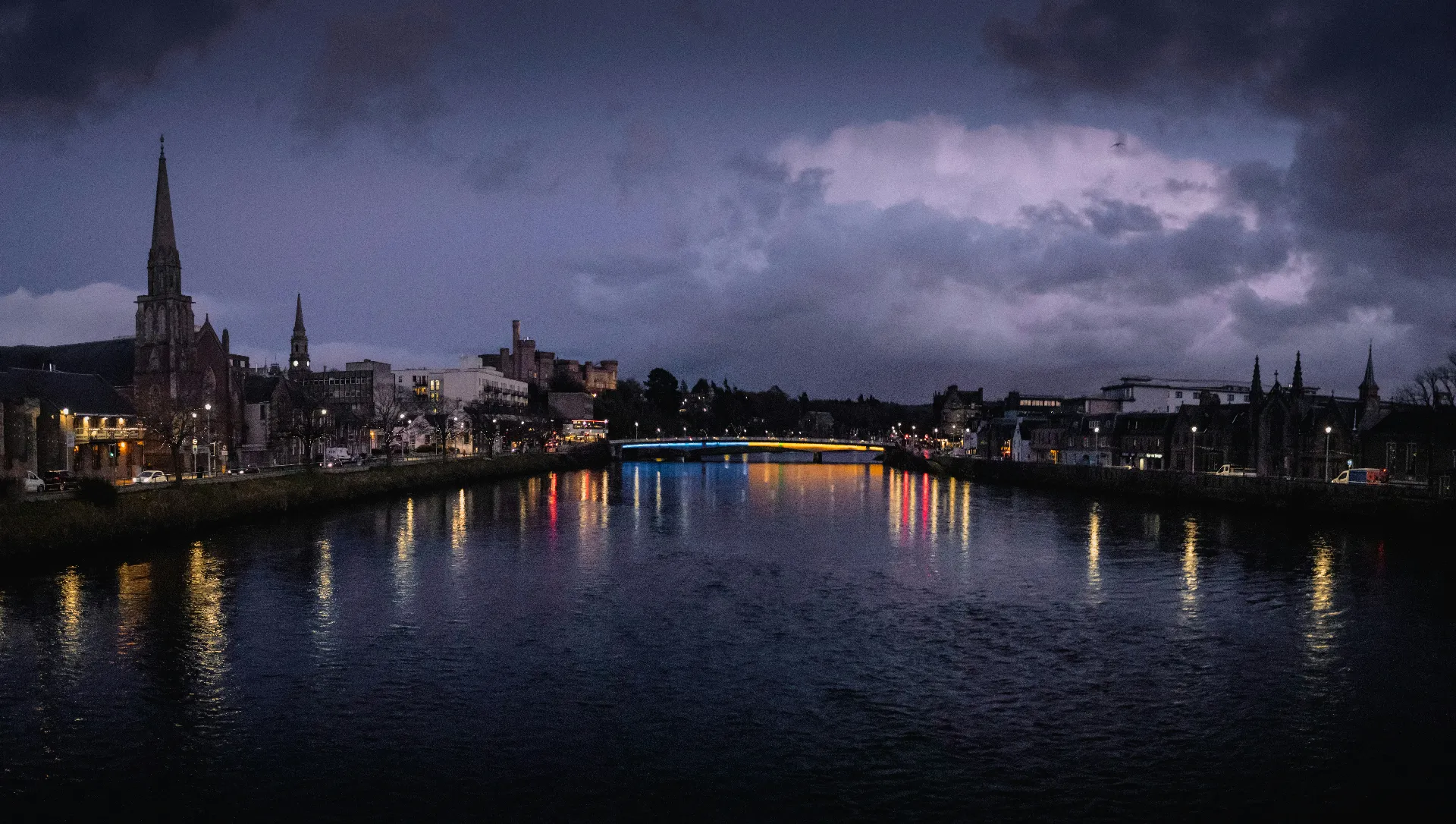 Inverness City River Ness Night Panorama Inverness city panorama from the river ness at night