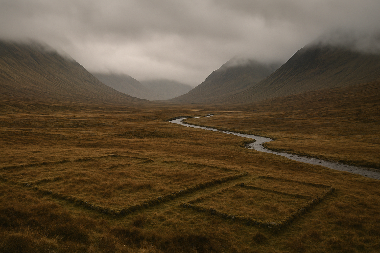Empty Highland Glen Abandoned Clearances Scotland Empty highland glen with remnants of cleared settlements in scotland