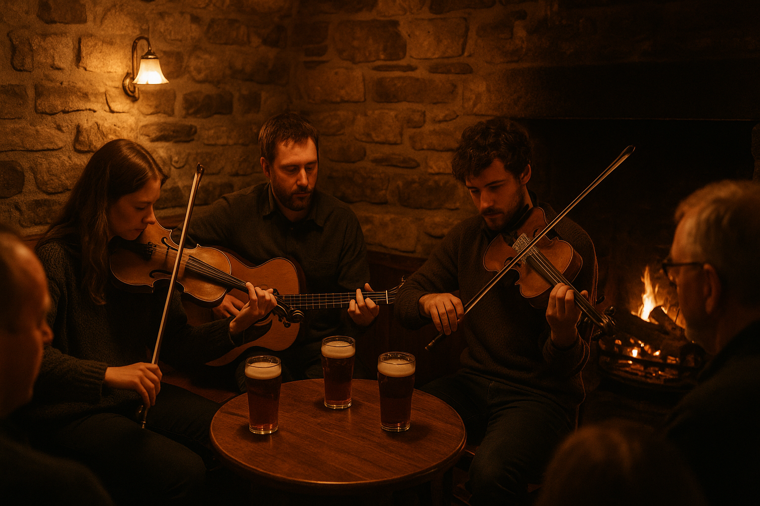 Gaelic music session with fiddle players in a highland pub