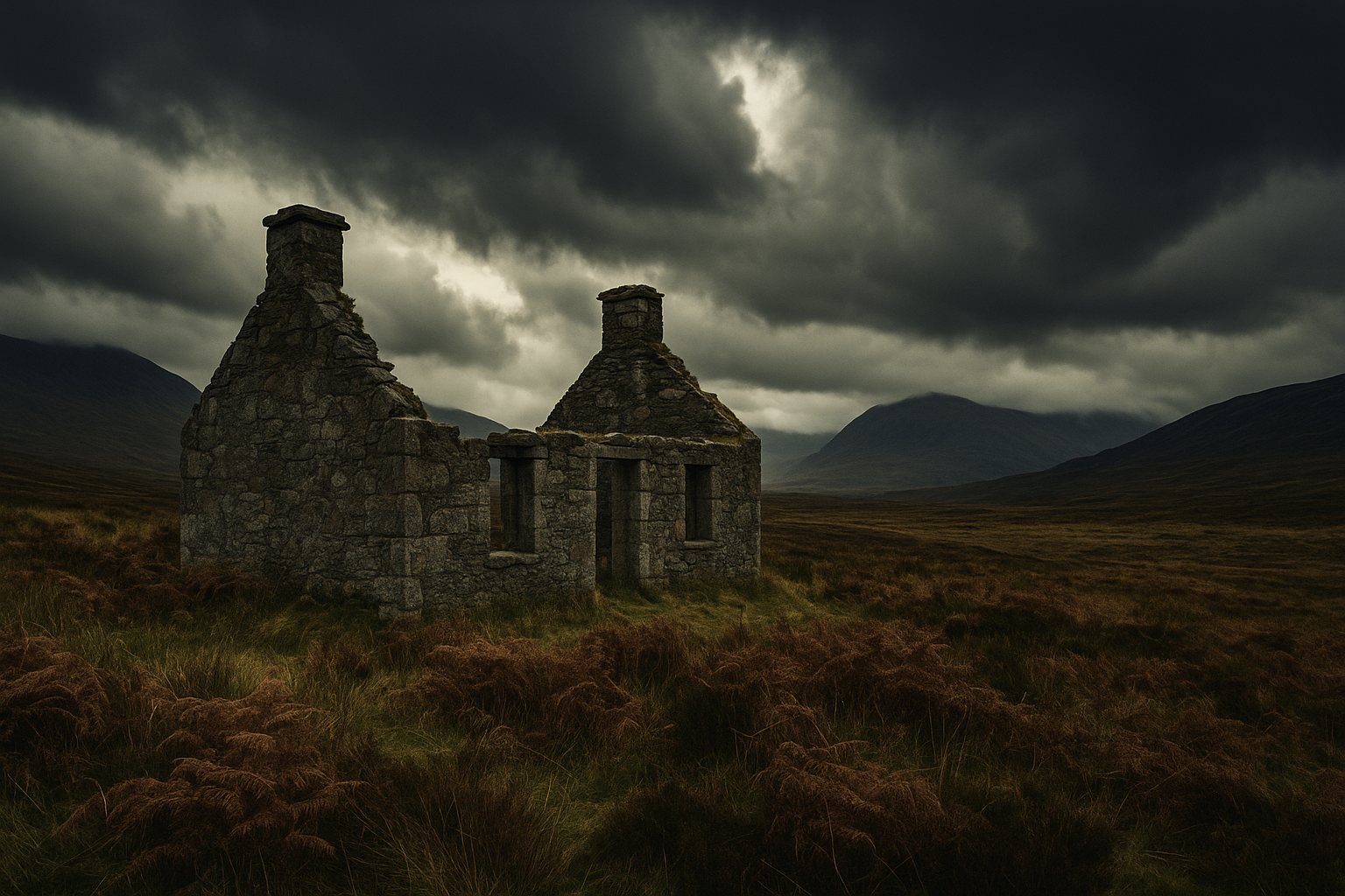 Highland Clearances Ruined Cottage Scotland Landscape Ruined stone cottage in a highland landscape — remnant of the highland clearances