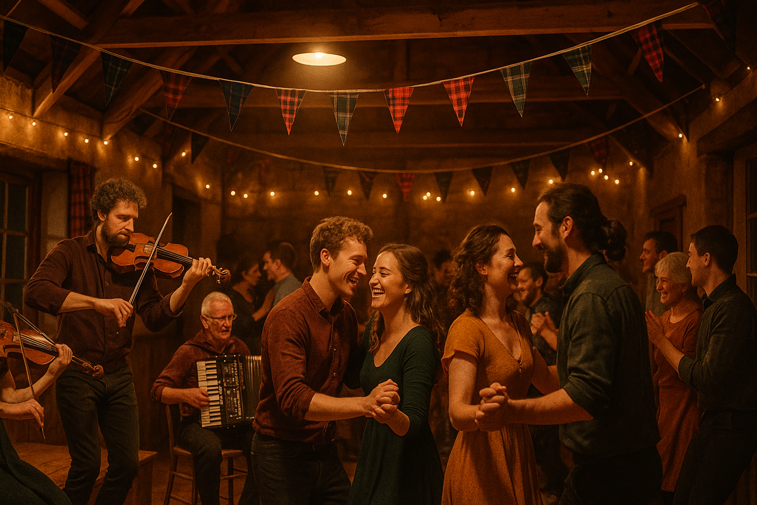 Traditional scottish céilidh folk music session in a highland setting